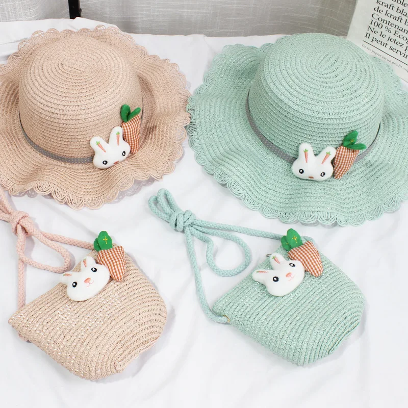 Cute Rabbit Straw Shoulder Bag for Baby Girls Portable Children's Mini Bucket Bag Casual Kids Beach Crossbody Bags Sun Hat