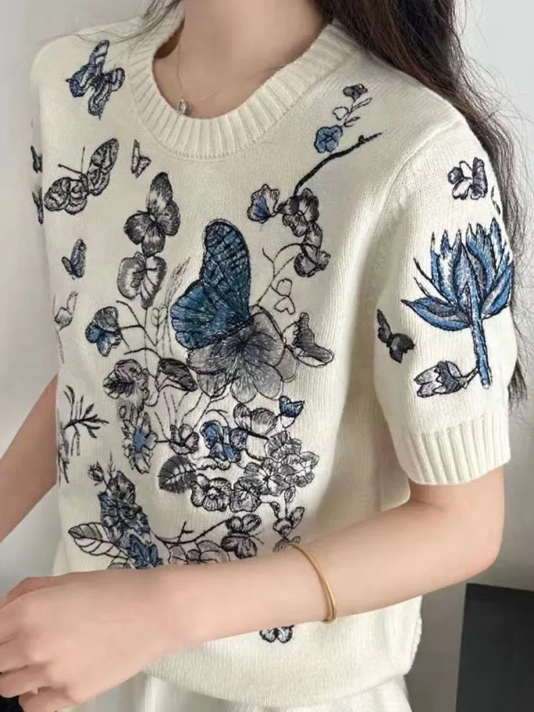 New Summer Butterfly Flower Embroidery Sweaters Women\'s Knit Tops Design Runway O-Neck Short Sleeve Pullover Knitwear Mujer