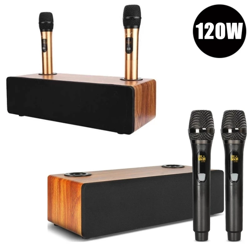 Wooden Dual Microphone Speaker Mobile Phone Karaoke Party Box 120W Caixa De Som Bluetooth Home Theater High-Power Sound System