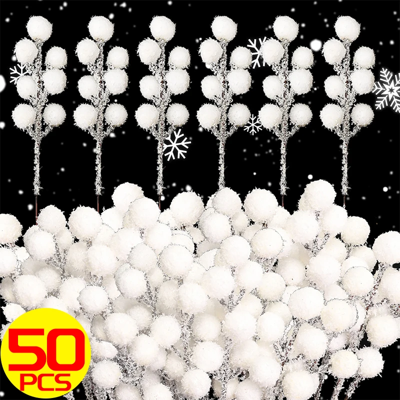 5/50PCS Artificial White Berries Stem Christmas Berry Branch For Flowers Arrangements Home DIY Crafts Fake Snow Tree Decorations