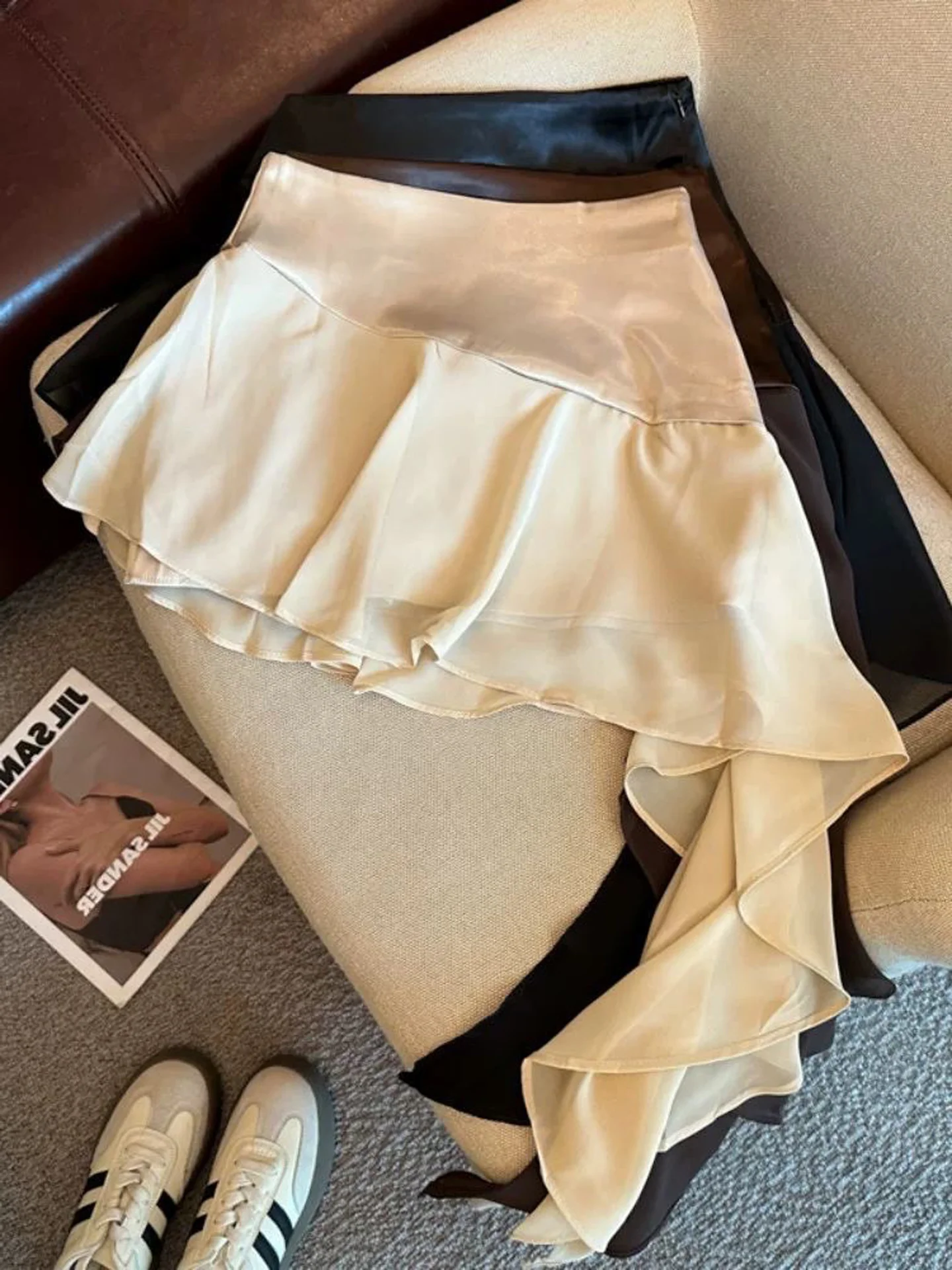 Korean Style Half Skirt Sequin Satin Patchwork Low Waist Women's Fashion Asymmetrical  Skirt Bodycon Anti-Light Short Skirt