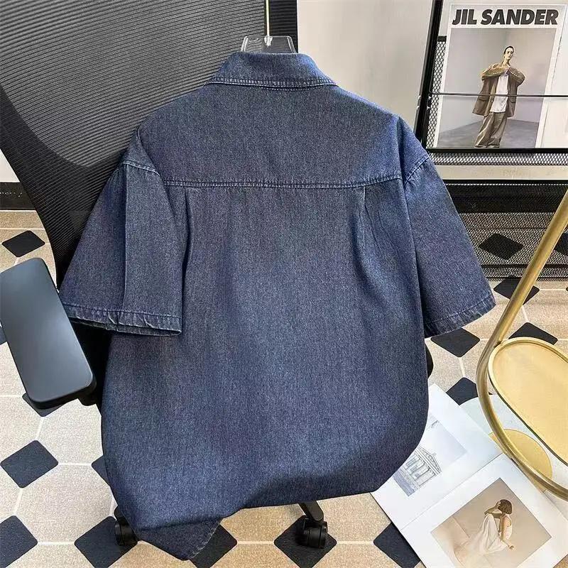 Women New Chinese Button Short-Sleeved Denim Shirt Washed Tooling Jeans Jacket Loose Retro 2025 Summer Half-Sleeved Top