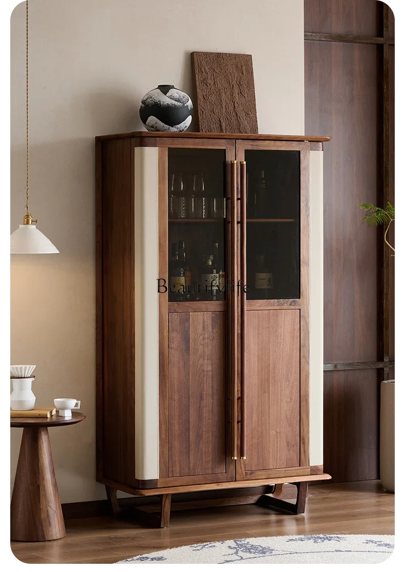 Solid wood wine cabinet against the wall North American black walnut household dining side cabinet Double door glass