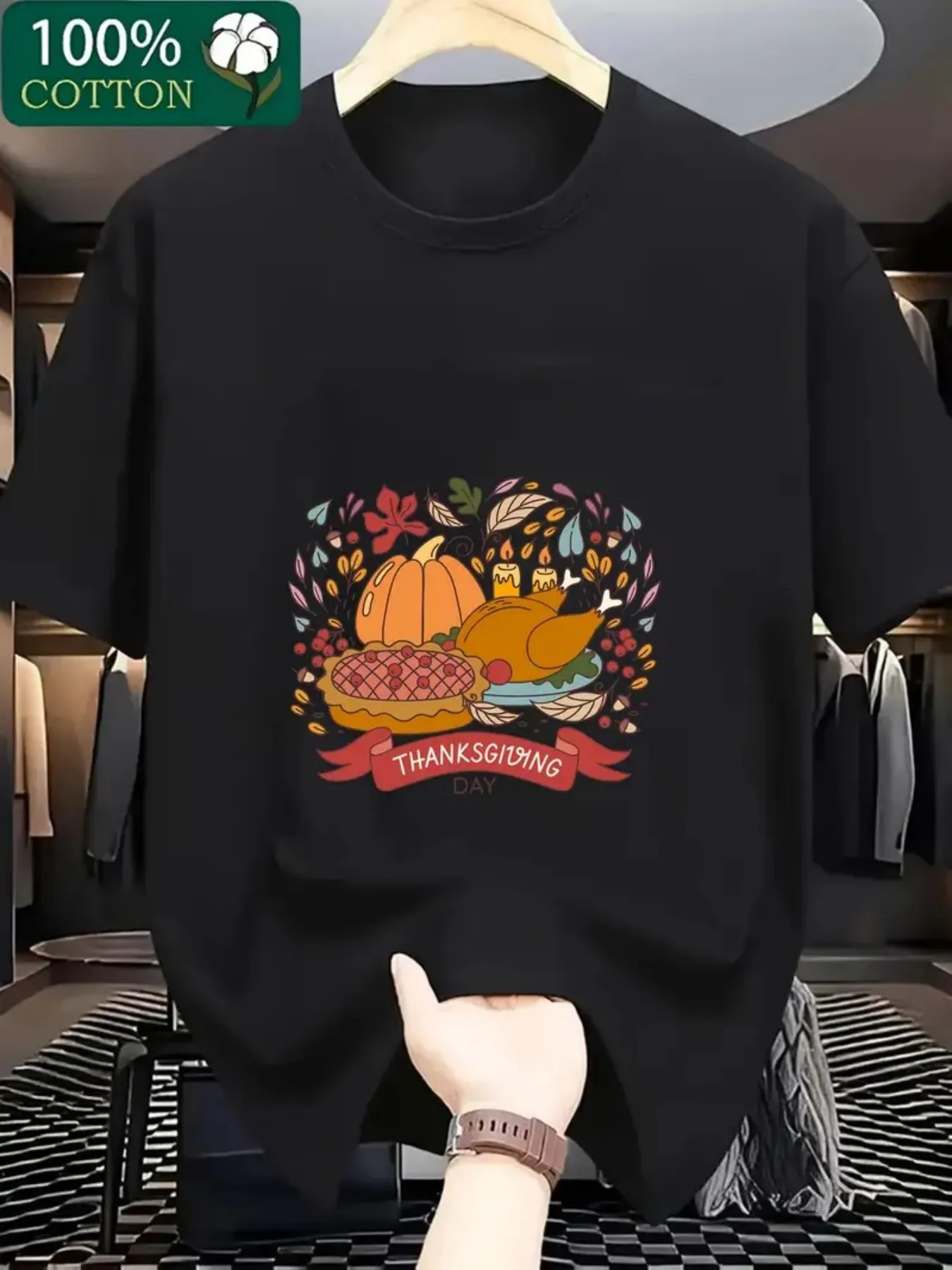 Men's Thanksgiving T-Shirt Turkey Pumpkin Maple Leaf Print Short Sleeve - Wrinkle-Resistant 100% Soft Match Family Matching Outfits, Black with Red & Golden Fall Colors, Casual Holiday Gift for Dad & Husband (US Warehouse)