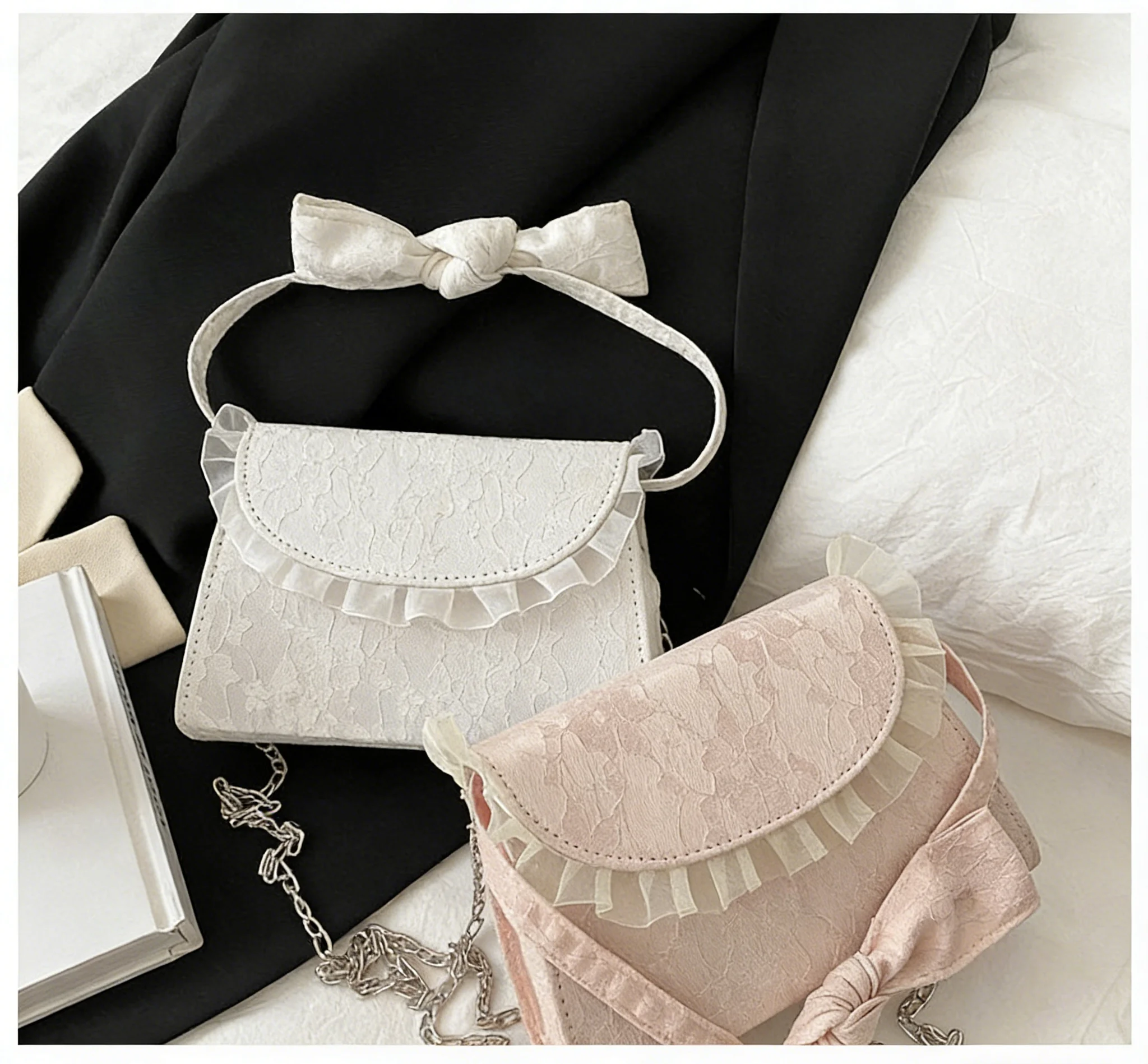 2026 Women‘s Sweet Lace Bow Ruffle Shoulder Bag Cute Chain Crossbody Handbag Romantic Purse For Party Wedding Daily Shopping