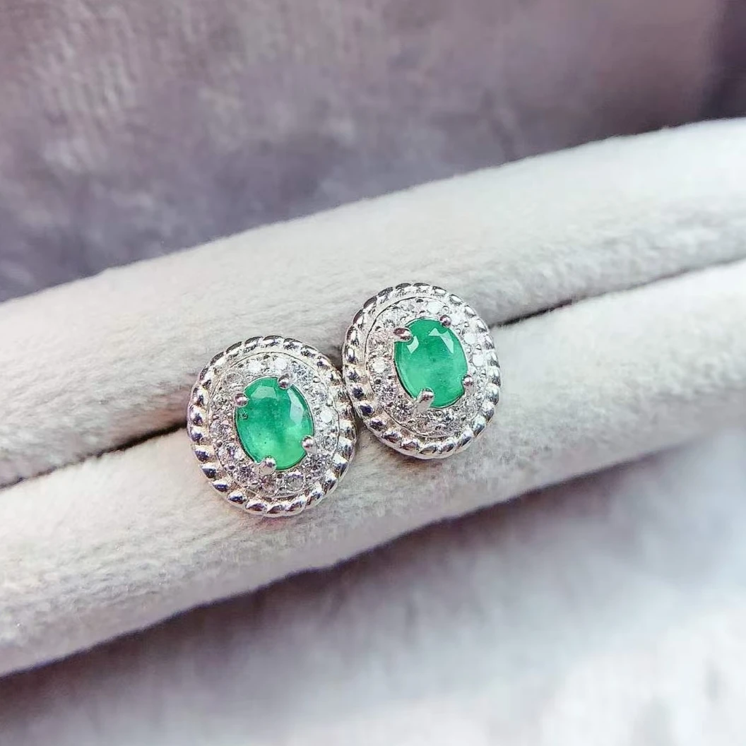 Natural Emerald Earrings with Certificate 18Kgold Plated 925 Silver Emerald Jewelry Silver Gemstones Stud Earrings for Women