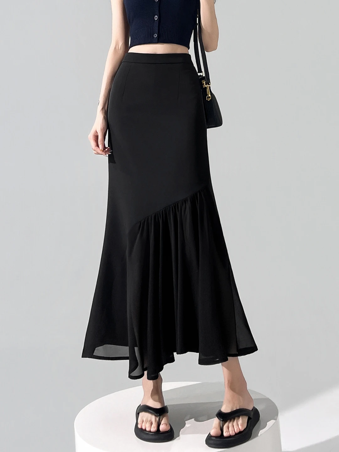 

Black Mesh Splice Bodycon Half Skirt Women's Summer New High Waist Slim A-Line Fish Tail Long Skirt Trendy Korean Style
