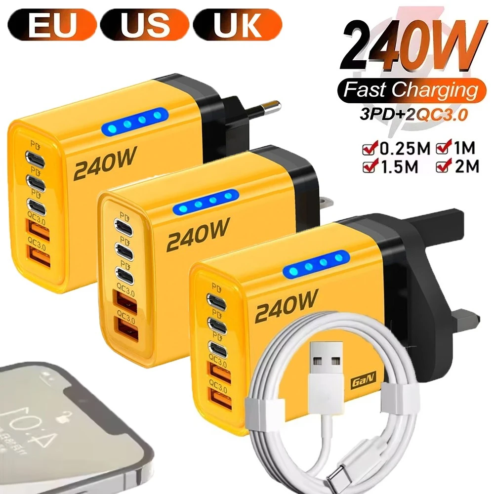 GaN 5-in-1-USB-C-Ladegerät, 240 W, Schnellladeadapter, 10 A USB-zu-Typ-C-Kabel, 3PD + 2 USB, QC 3.0-Ladegerät für iPhone 16 Samsung Xiaomi