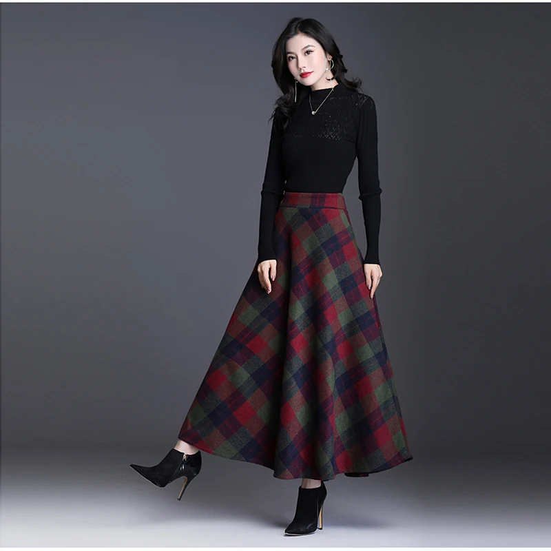 Plus Size 3XL Women Plaid Skirt Thick Warm Elegant Tall Waist Long Skirt 2021 Winter Casual Woolen Long Plaid Skirt Female Skirt