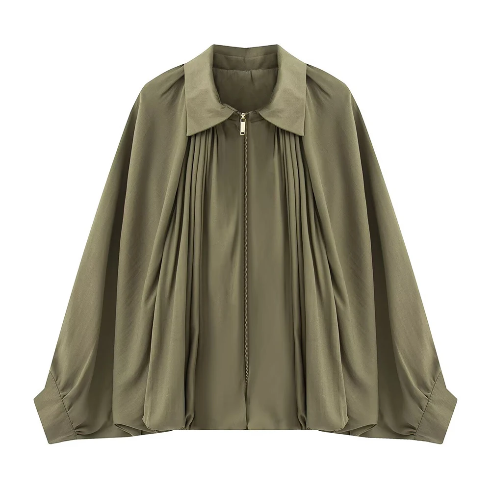Long Sleeve Womens Solid Color Jacket Puff Sleeve Lapel Zipper for Summer Vacation Beach Yoga Cycling Casual Wear