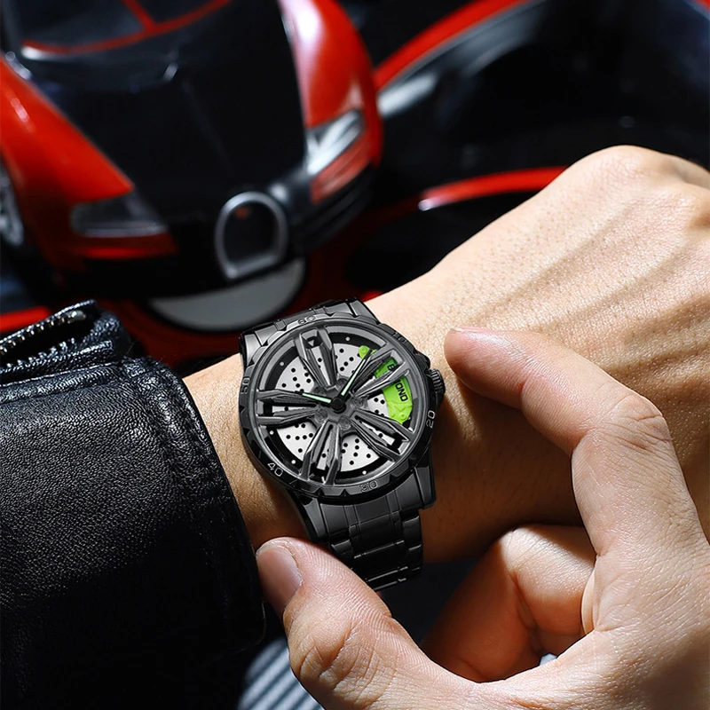 Orologio da uomo con mozzo ruota, orologio da moto, cavo 360 °   Orologio rotante per orologi al quarzo moda maschile con striscia d'acciaio di tendenza per la modifica dell'auto