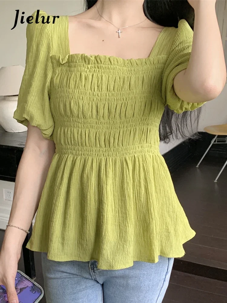 Jielur Slim Lantern Sleeve Lace-up Women Blouse Summer Solid Color Square Neck Fashion Female Blouses Green Black Apricot Blouse