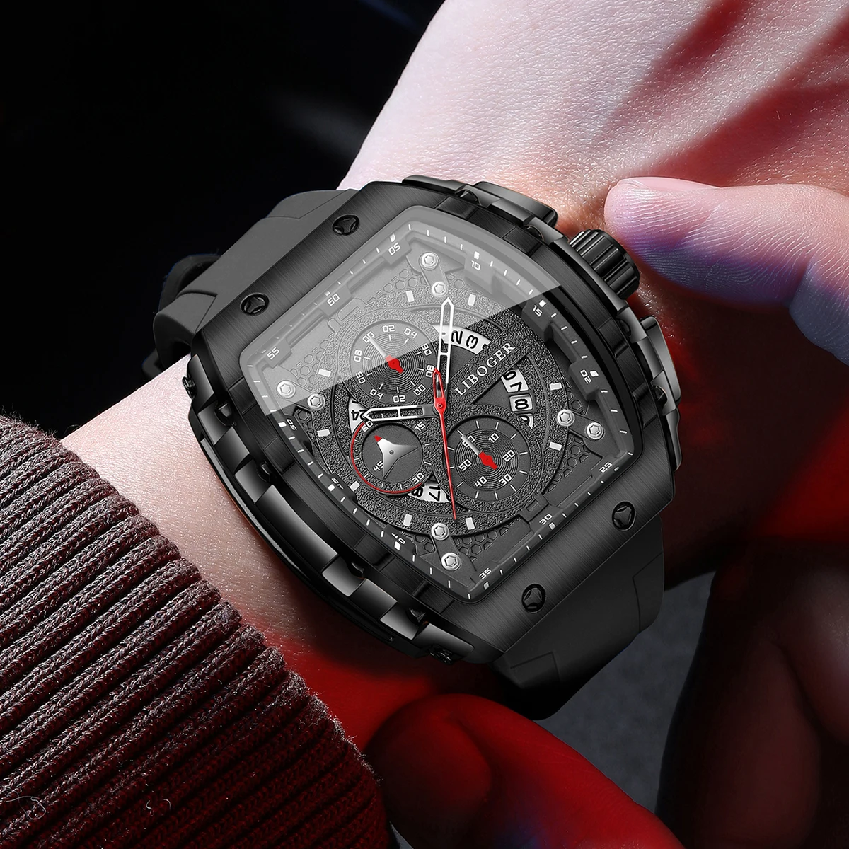 Fashion Tonneau Men Calendar Quartz Watch Casual Silicone Strap Military Outdoor Sports Wristwatch Relogio Masculino（Without Box