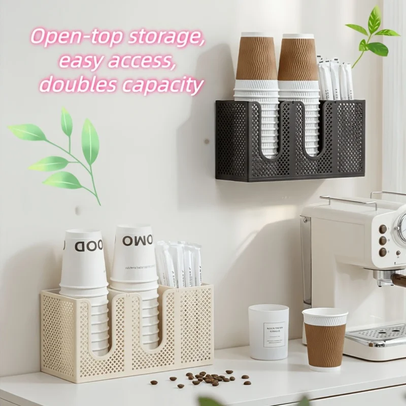 Kitchen Coffee Bar Mesh Storage Rack 3 Compartment Disposable Paper Cup Holder Wall Mount Countertop Cup Lid Stirrer Organizer