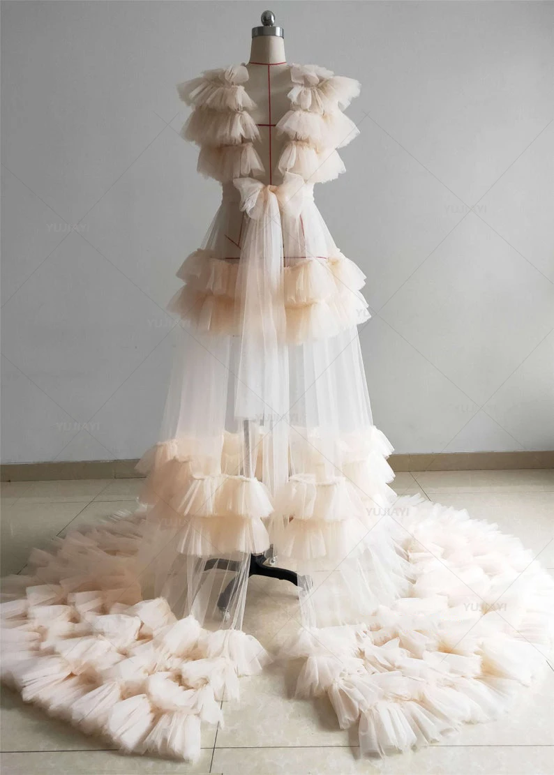 Robe de mariée en tulle pour femme, vêtements de nuit moelleux, robe de patients, boudoir, vêtements de détente, chemise de nuit, robe pour séance photo, châle transparent, ALTERfur s