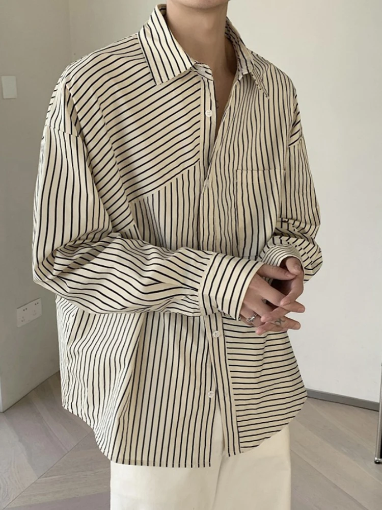 LANMREM Irregular Striped Shirt For Female Lapel Single Breasted Pockets Design Loose Top Versatile 2024 New Clothing CP2797