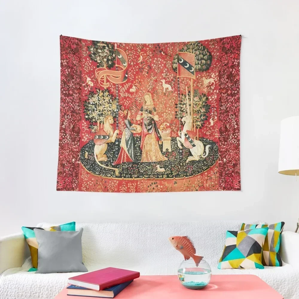 

LADY AND UNICORN ,SMELL ,Lion,Fantasy Flowers,Animals Red Green Floral Tapestry Room Aesthetic Decor Decor For Bedroom Tapestry