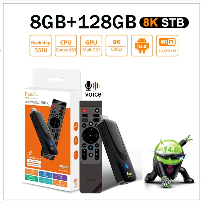 TV98 ATV X7 Smart TV Stick 8GB 128GB Android 14.0 Rockchip RK3518 Quad Core Dual WiFi 4G 5G BT5.0 Voice Control HD 4K 8K iptv