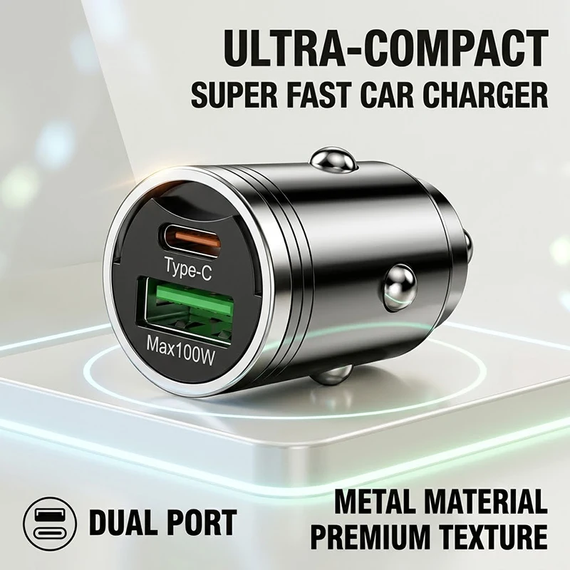 100W Mini Car Charger with Pull Ring Dual Port Fast Charging Adapter Type C PD Smart Chip Flush Fit Auto Accessory For Phones
