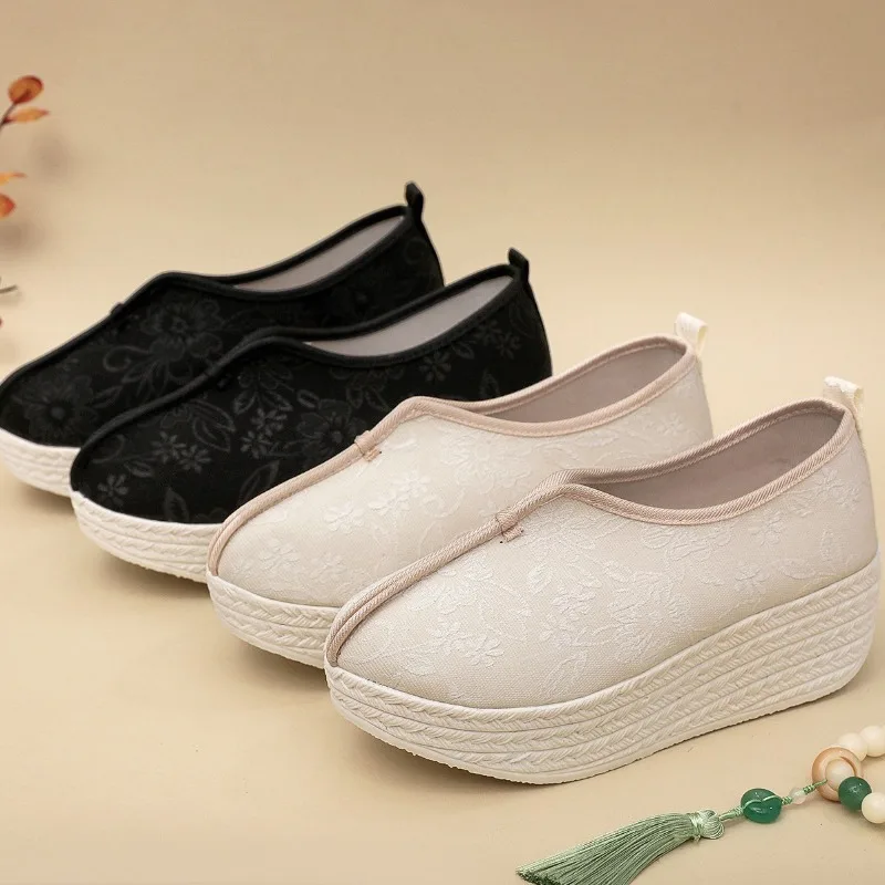 5cm Wedges Heel Flower Hanfu Shoes Women Performance Solid Color National Style Ancient Elegant Stage Embroidered Cloth Shoes