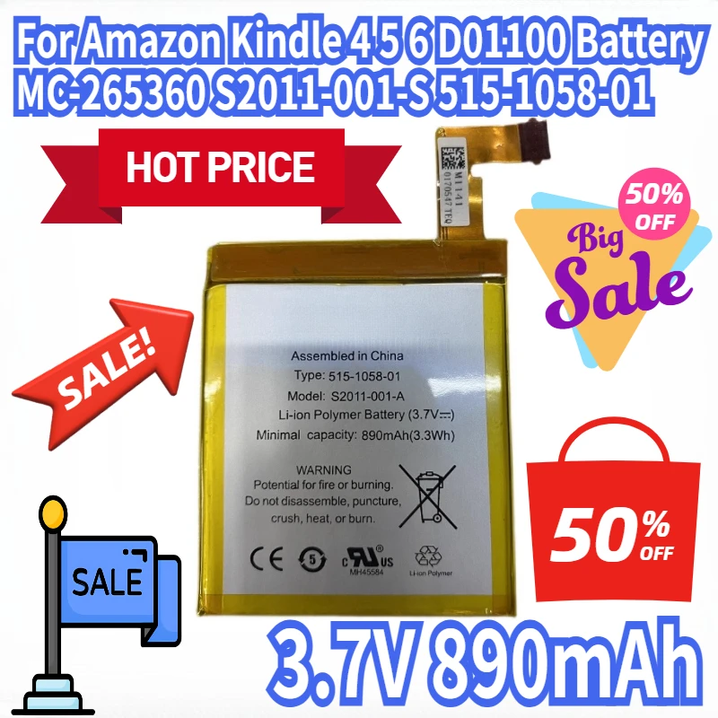

3,7 В 890 мАч для Amazon Kindle 4 5 6 D01100 аккумулятор MC-265360 S2011-001-S 515-1058-01