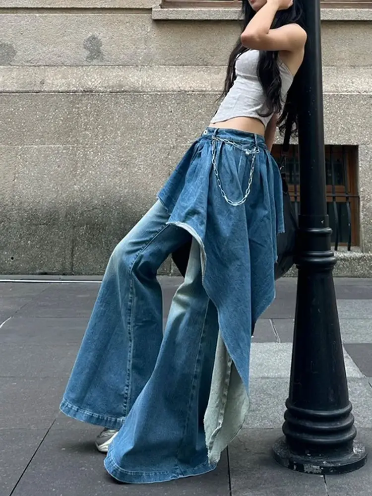 Hot Girl Design Is Irregular and Fashionable Spliced Jeans for Women 2024 Autumn and Winter New Fake Two-piece Flared Pants