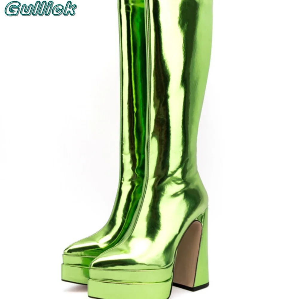 Gullick Solid Green Mirrored Boots Pointed Toe Platform 2024 New Arrivals Knee-High Boots Spring Autumn Fashion Women Shoes