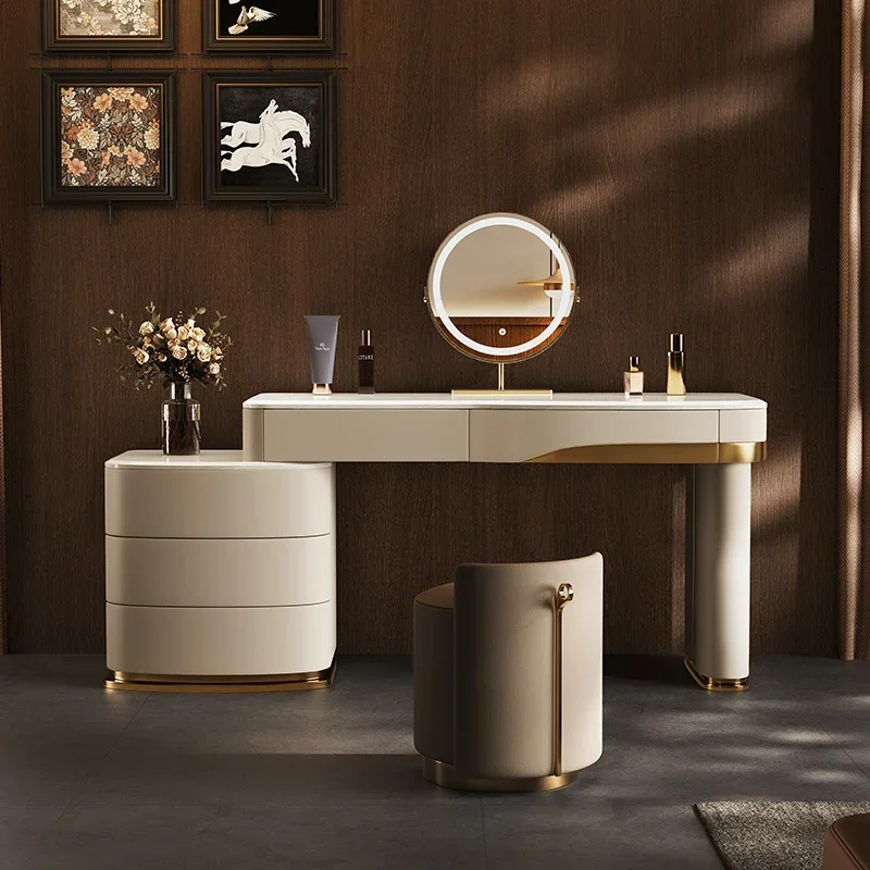 Luxury White Dressing Table Marble Italian Drawer Round Mirror Dressing Table Storage Modern Penteadeira De Maquiagem Furnitures