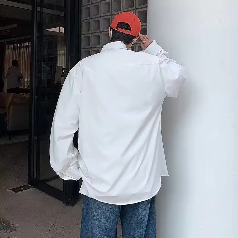 Trendy Brand Design Chain Men's 2024 Splicing Square Collar Button Pocket Fashion Solid Color Casual Loose Long Sleeve Shirts