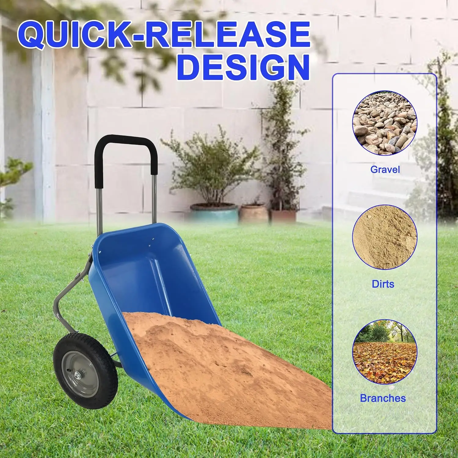 Two Wheel Garden Wheelbarrow 15 Inch Pneumatic Rubber Tire Heavy Duty Utility Cart ABS Steel Tub Tray Yard Lawn Transport Outdoo