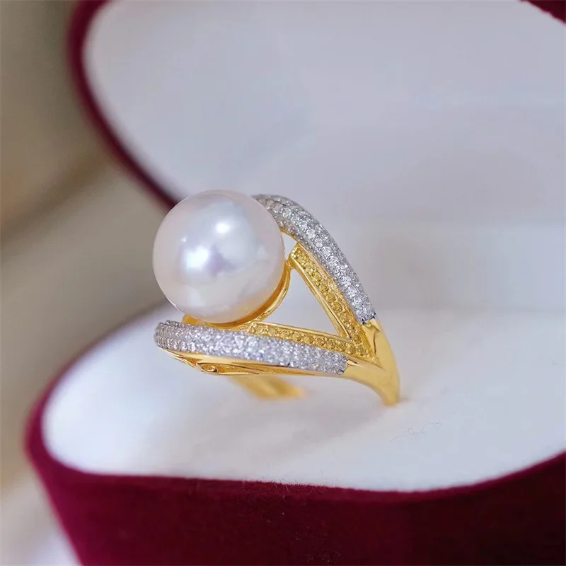 huge AAAA+++ 10-11mm 11-12mm Natural South Sea white Lotus Opening Ring Silver Set Full Body S925- gift box