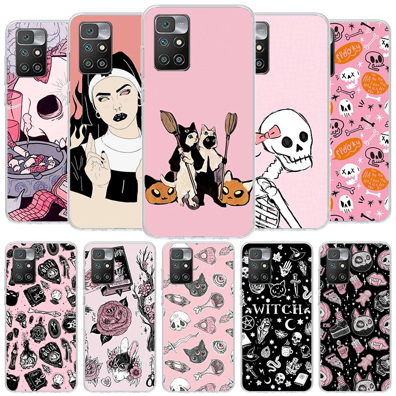 Pink Cat Skull Sorceress Witch Cover Phone Case For Xiaomi Redmi 12C 12 10C 10 9C 9 10A 9A 8A 9T 7A 7 6A 6 Pro K20 K40 S2 Soft F