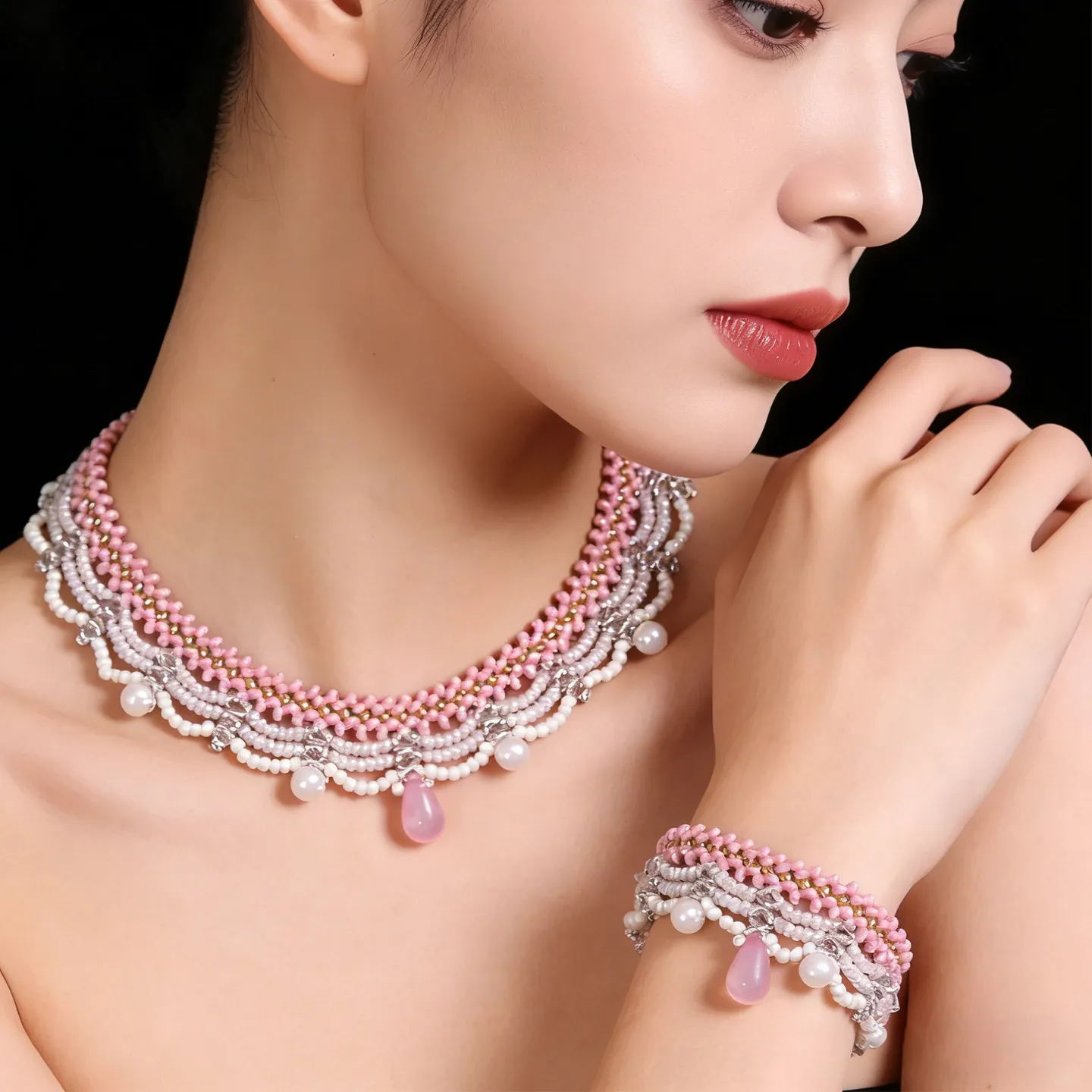 Pink Beaded Choker Necklace with Pearl Drop Vintage Handmade Beadwork Necklace Bohemian Wedding Jewelry