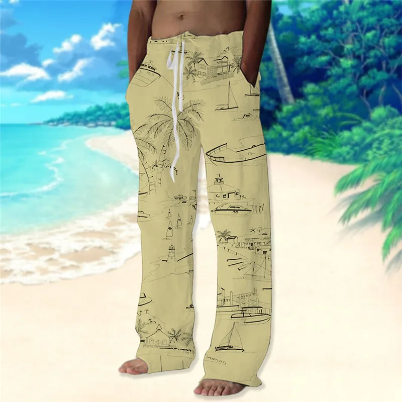 Pantalones de verano para hombre, pantalones de playa con cordón, cintura elástica, estampado 3D de árbol de coco, estampados gráficos, cómodos e informales