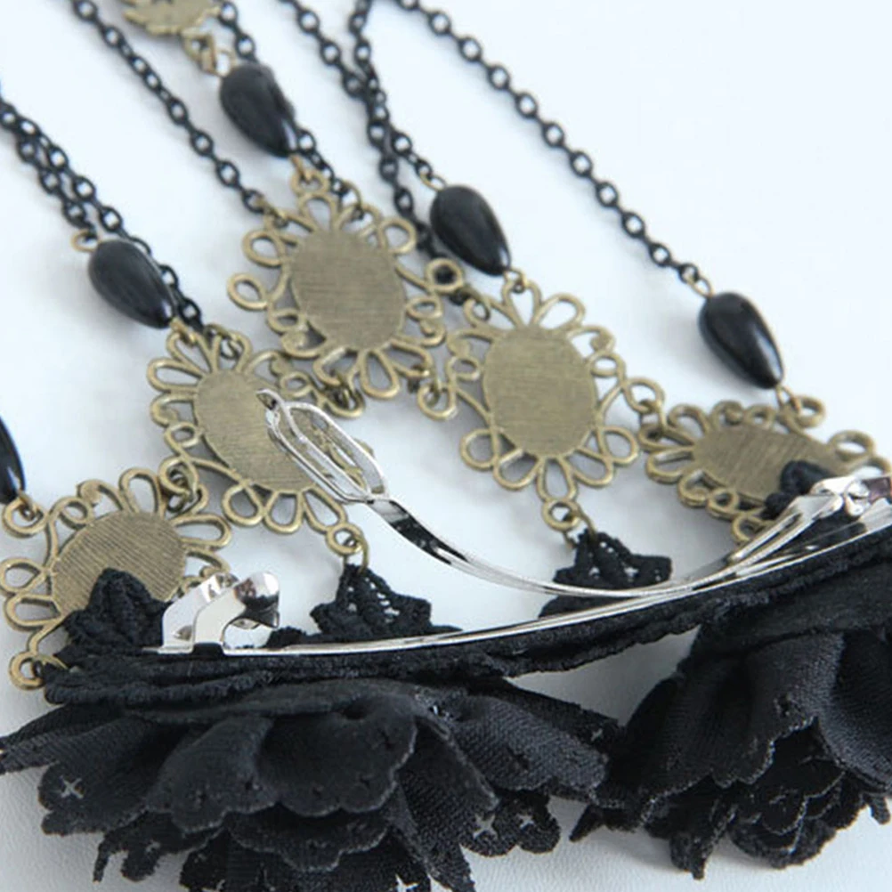 

2pcs Black Flower Hair Clips Gothic Barrettes Handmade Resin Rhinestone Tassel Lace Chain Hair Accessories Women Party Wedding