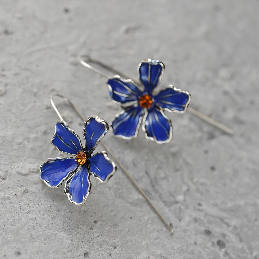 Exquisite Blooming Blue Flower Long Hook Earrings for Women, Fine Jewelry, Orange Crystal, Wedding, Engagement, Gift