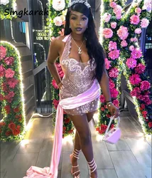 Sparkly Pink Diamonds Prom Dress Halter Glitter Bead Crystal Rhinestones Side Train Luxury Birthday Party Senior Homecoming Gown