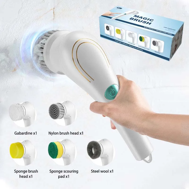 Multi-Function Kitchen Home Bathroom Cleaning Tool 5 Heads Automatic Cordless Electric Cleaning Brush Rechargeable Brush
