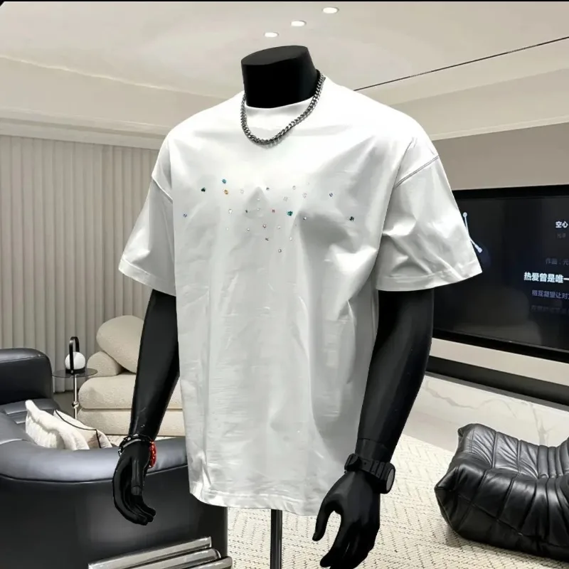 Men's White Rhinestone Embellished T-shirt Casual Loose Short Sleeve Crew Neck Tee Streetwear Top
