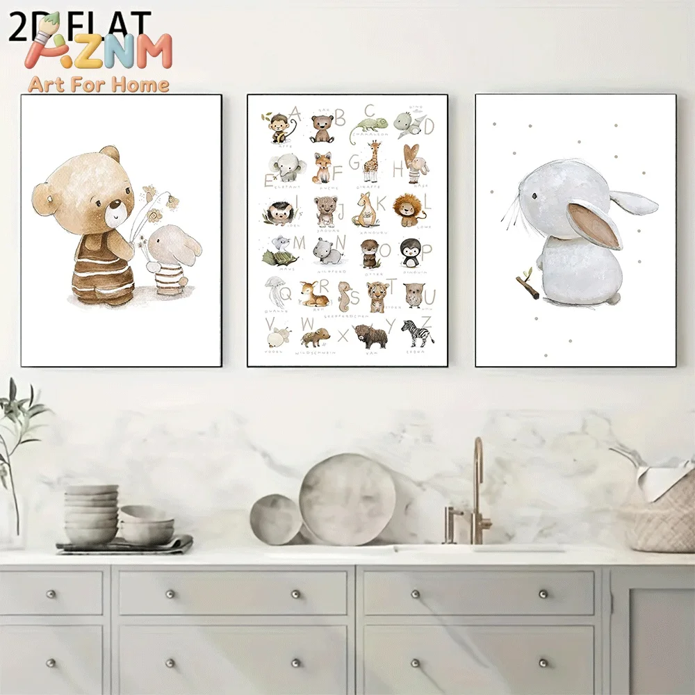 AZNM Watercolor Bear Rabbit Animal Alphabet Chart Canvas Wall Art, Woodland Creature ABC Educational Print Painting for Baby Nur