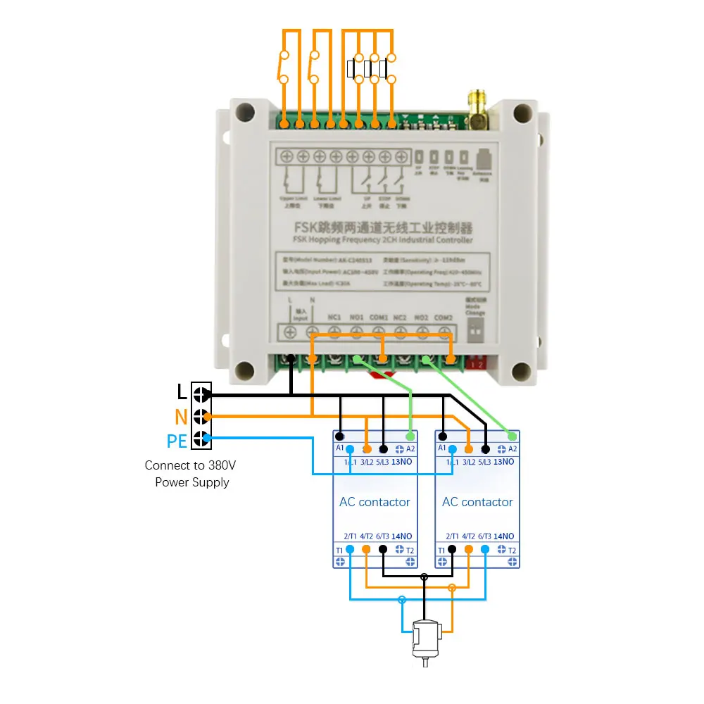 AC 100-450V 433MHz FSK Frequency Hopping  2CH Remote Control Switch for High Power Industrial Lifter Smarthome Light Control