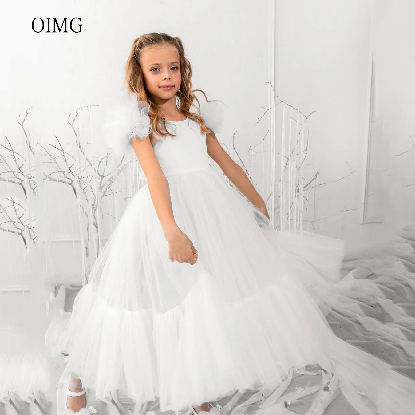 OIMG Simple A Line Flower Girl Dresses Flower Sleeves Gown Wedding Party Dress Princess Ankle Length Birthday Dress Customized