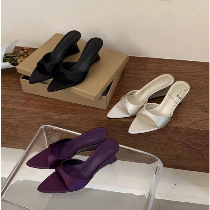 Summer Fashion Silks Wedges Sandals Outdoor Pointed Women Gladiator Slippers Ladies Banquet Dress Slides Female Open Toe Pumps