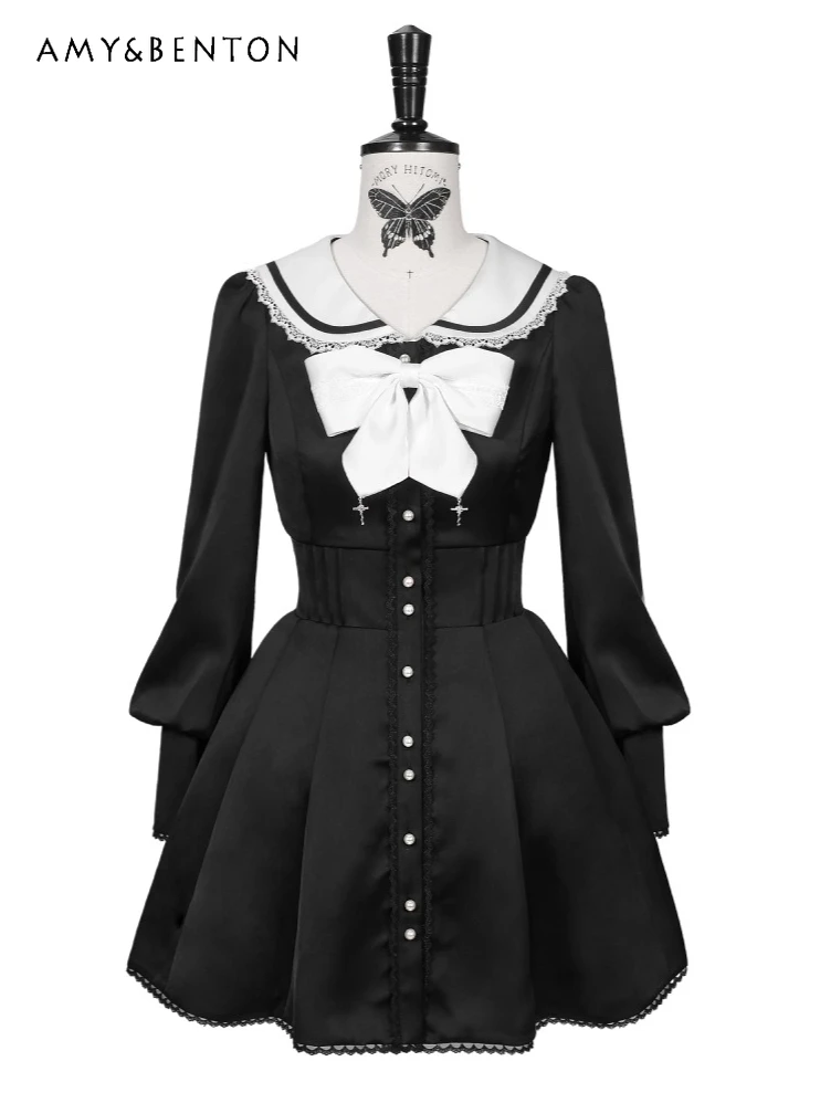

Dark Goth Op Long Sleeve Dress Sweet Cool Navy Collar Bow Single Breasted High Waist Mini Dress Subculture Daily Lolita Dresses