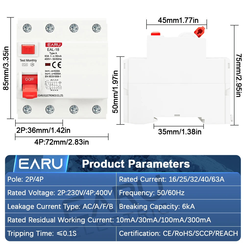 EARU 10/30/100/300mA Type AC/A/F/B RCCB RCD Evse Electromagnetic Earth Leakage Residual Current Circuit Breakers Safety Switches