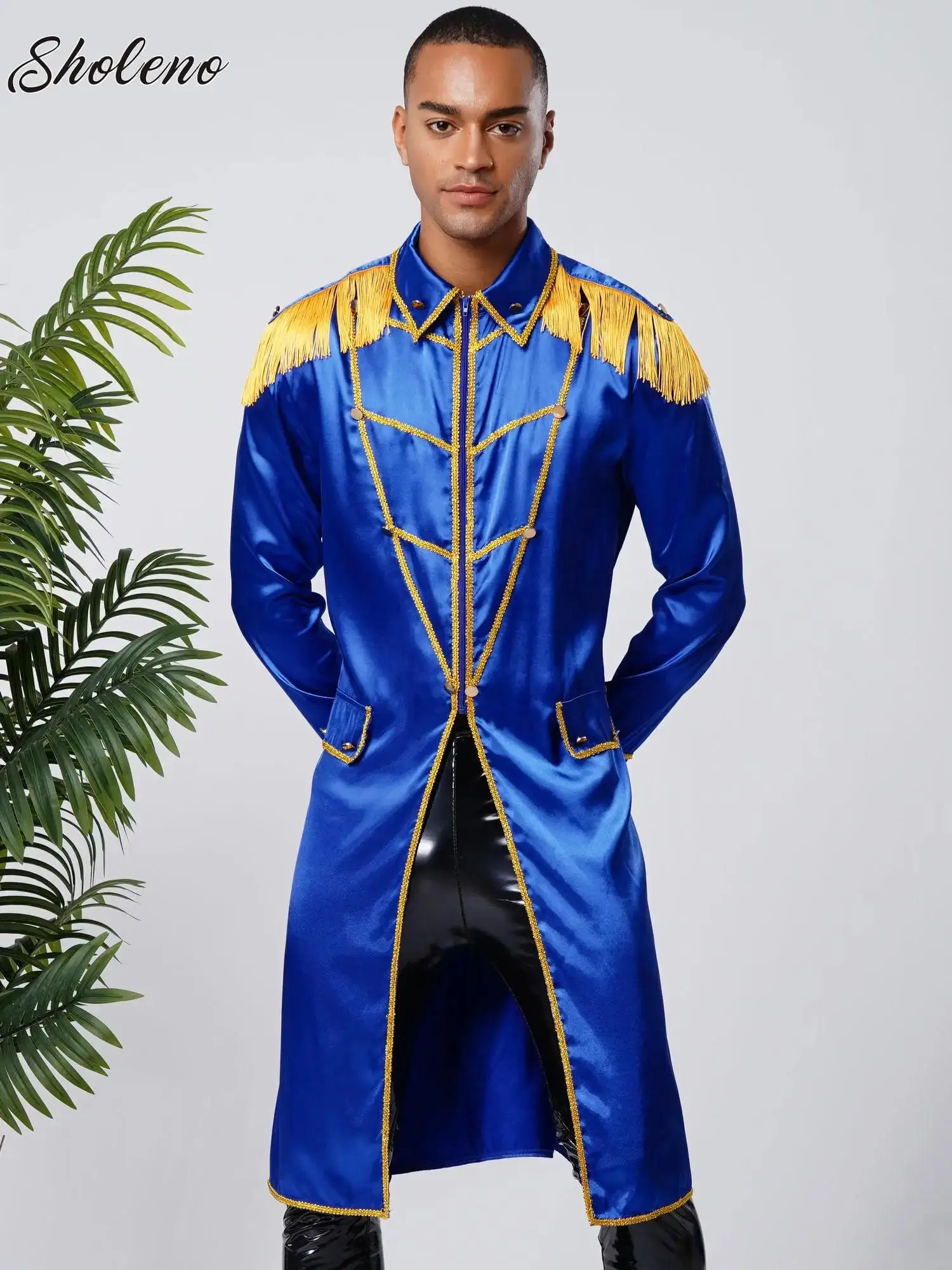 

Mens Circus Ringmaster Showman Costume Lion Tamer Tailcoat Long Sleeve Fringe Shoulder Boards Gold Swallow-tailed Coat Jackets