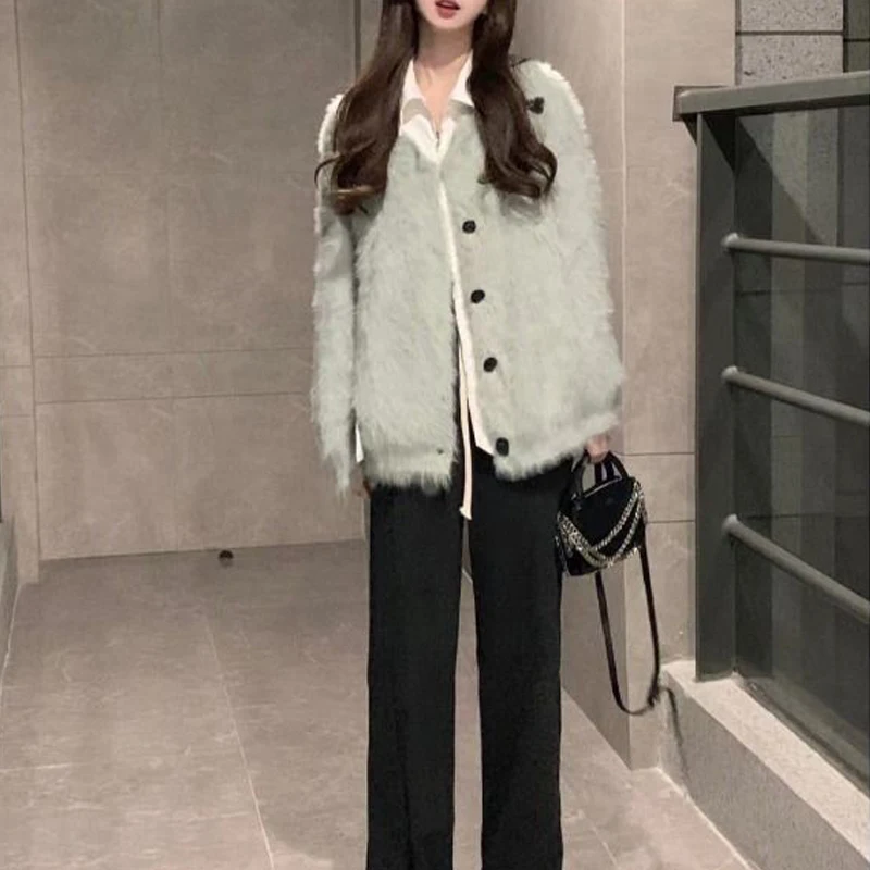 Women Korean Fashion Elegant Imitation Mink Cashmere Soft Knitted Cardigan New Winter V Neck Long Sleeve Loose Chic Sweater Coat