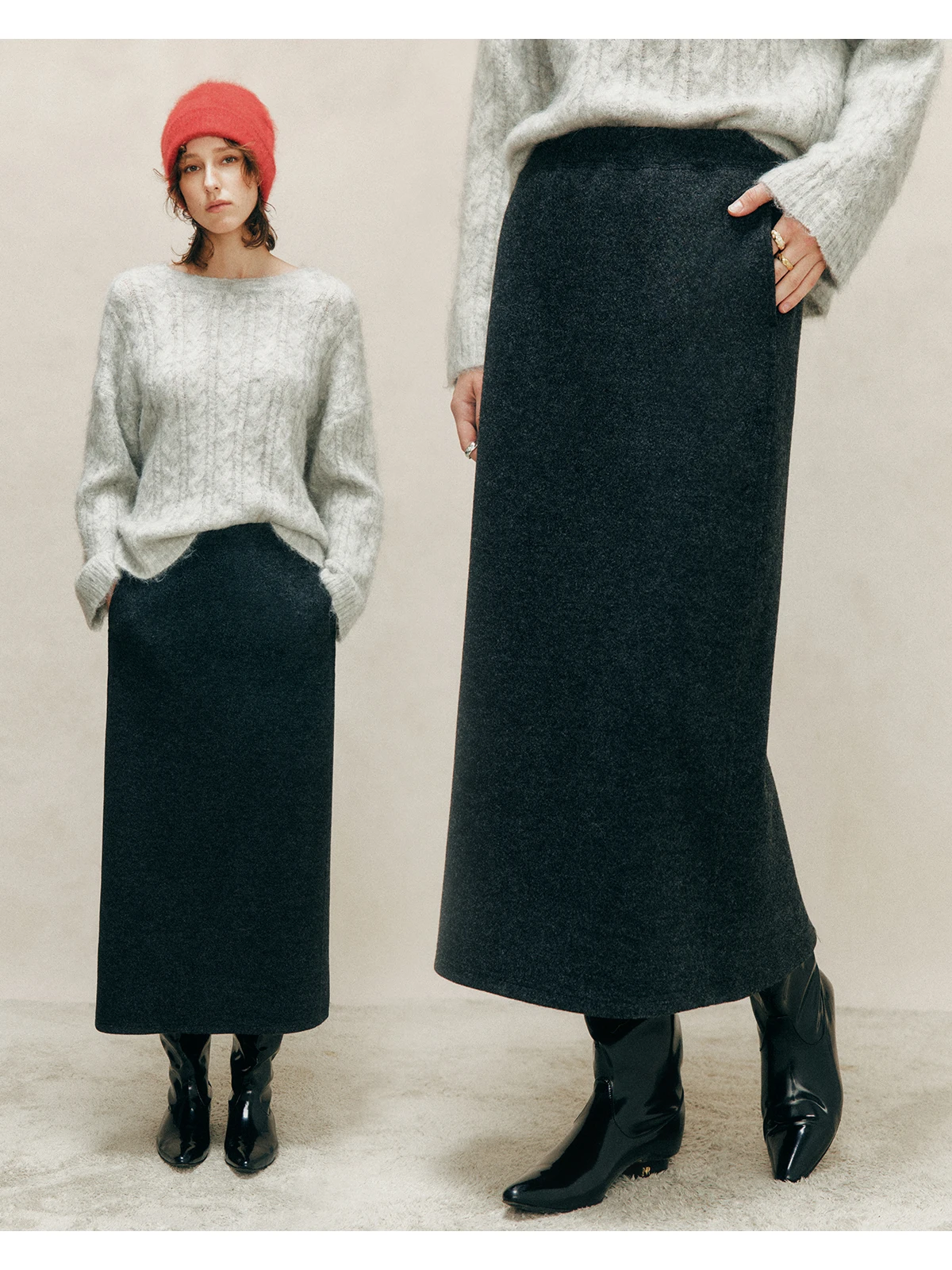 

Ele Thiened Wool Blend Straight Leg Skirt Elastic Waist Dstring Casual Warm Polyester Ladies' Skirt Full Size