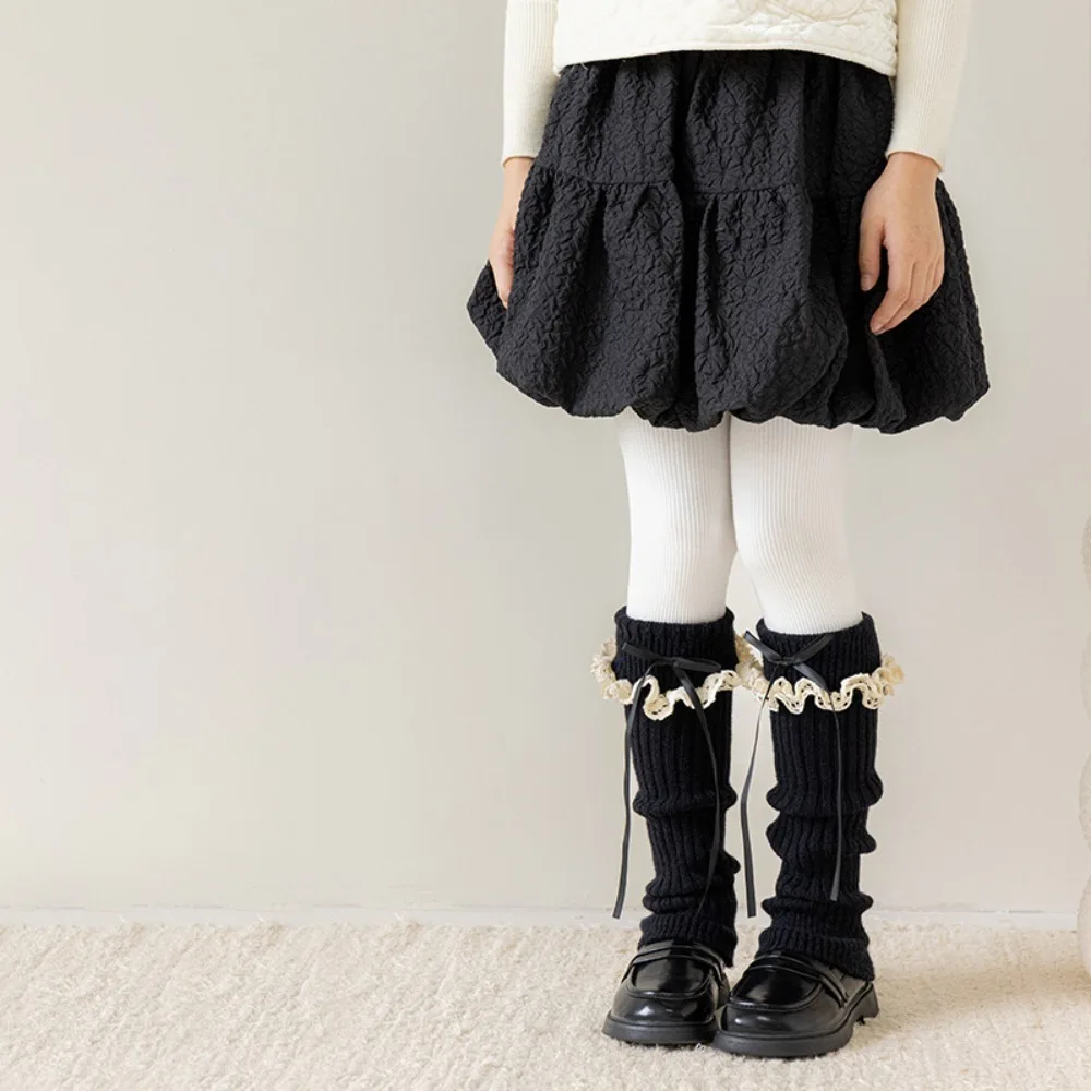 Casual Lace Trim Girls Sock Cuffs Elastic Soft Fabric Leg Warmers Thick Warm Bow Decor Slouch Socks Kid Outfit Match