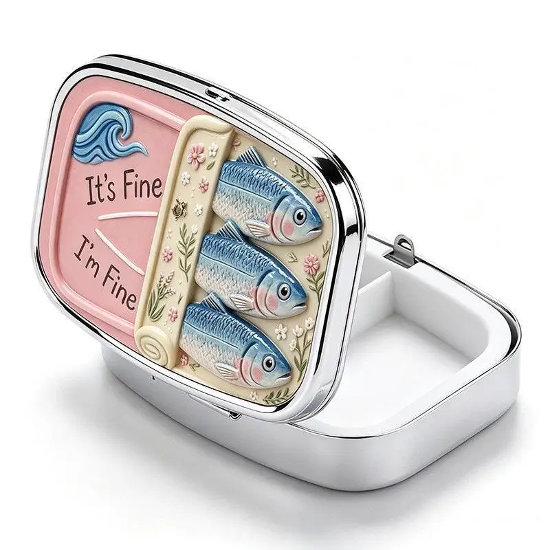 2 Compartments Metal Pill Box, It's Fine I'm Fine Sardine Print Portable Pocket Pill Case, Mini Travel Medicine Storage Contain